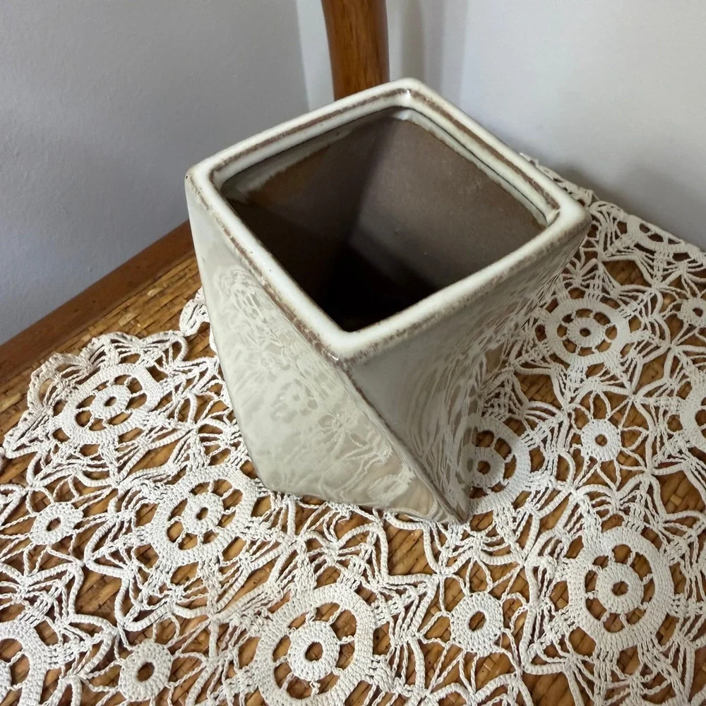 Modern Asymmetric Ceramic Vase Ivory Bronze Drip Glaze Geometric Wedge Decor